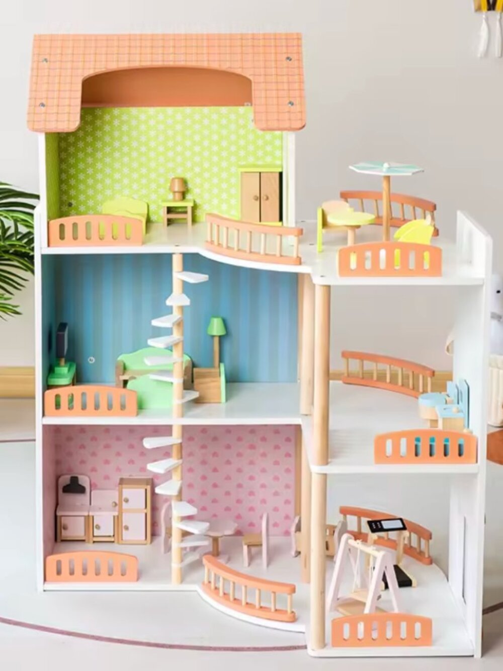 Wooden Dollhouse Playset, 3-Story Montessori Pretend Play Toy - Picture 6 of 16